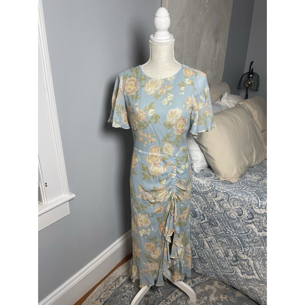 Yumi Kim Floral Ruched Midi Dress M Blue Ruffle Hem Cottagecore Romantic Spring - Picture 1 of 8